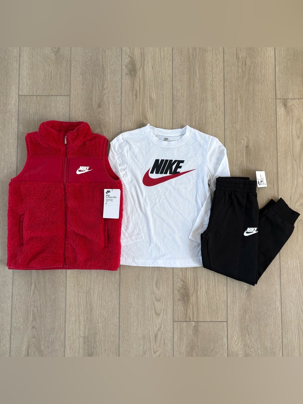 Boys Nike Red Sherpa Vest, White Logo Tee & Black Joggers - 3-Piece Set Size 6